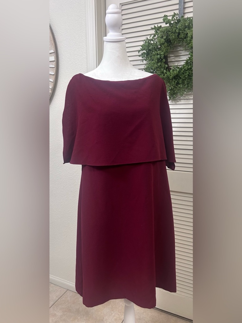 Adrianna Papell Burgundy Midi Dress with Cape Overlay